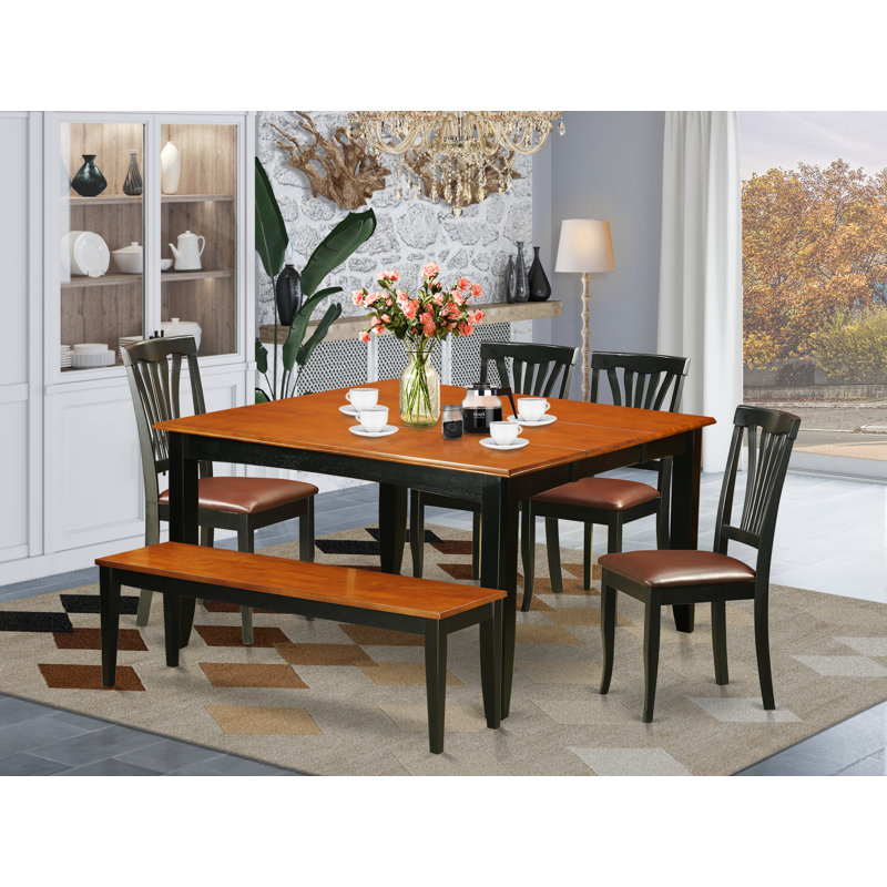 L'ensemble de table de salle à manger 6 pièces contient une table de salle à manger carrée avec feuille papillon et 4 chaises de salle à manger en similicuir avec banc, noir et cerise