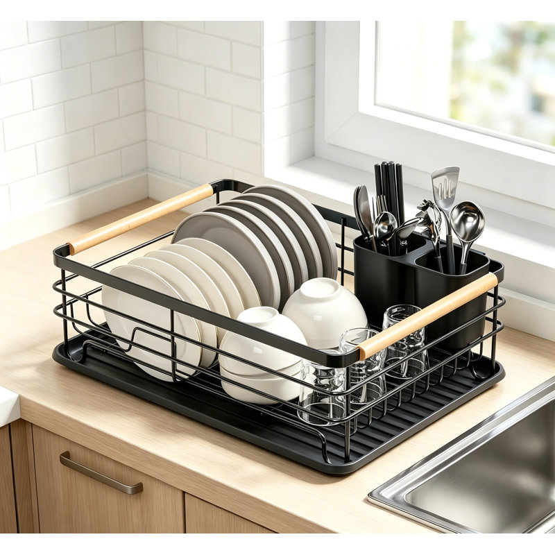 Small Dish Drying Rack with Wooden Handles, No Assembly, Black