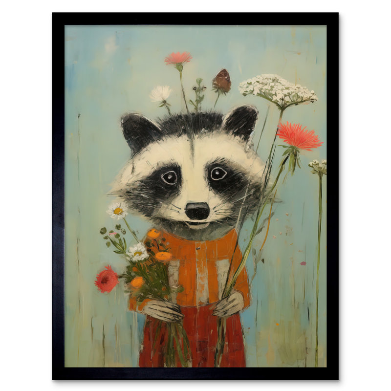 Cute Racoon Picking Wildflowers For A Spring Bouquet - Single Picture Frame Print