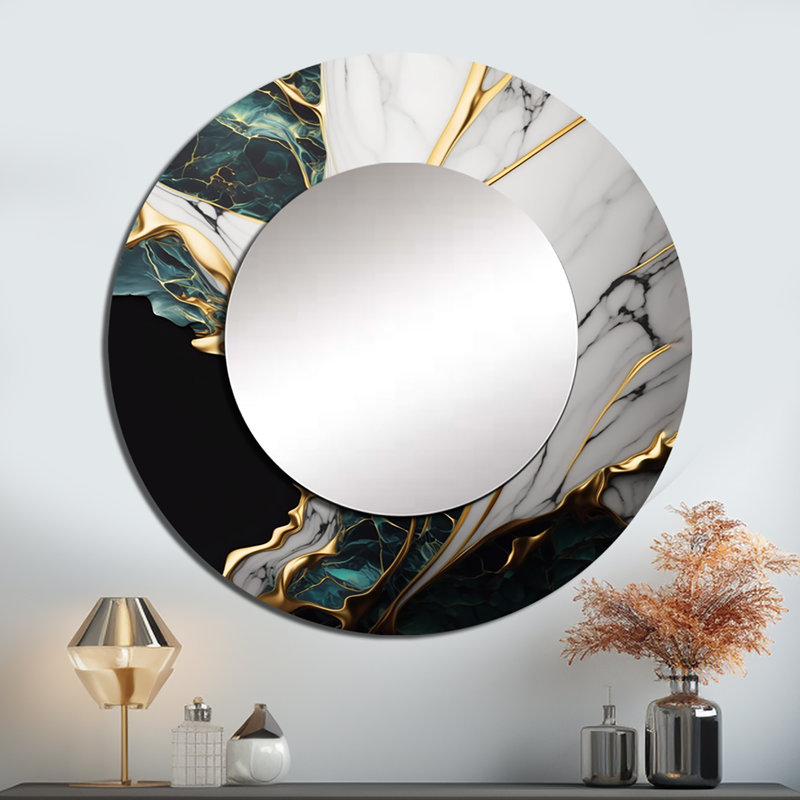 Petteri Abstract Geode Gold And Green Marble III - Marble Large Wall Mirror, Green Round Unique Mirror, Printed Metal Art