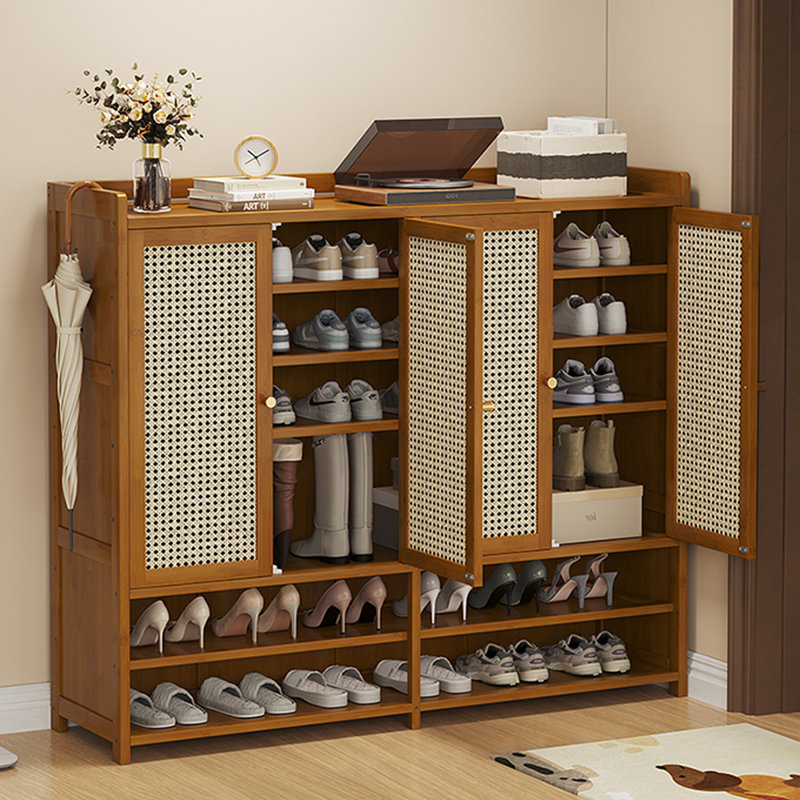 51.57" W Rattan Shoe Cabinet with Doors, Entryway Shoe Rack with Coat Rack, Vintage Multi-Tier Storage Organizer for Hallway