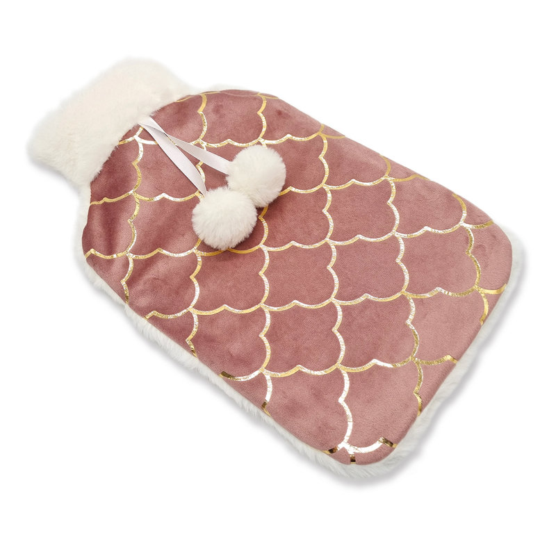 Blue Canyon 2000ml Rubber & Fur & Synthetic Fur Hot Water Bottle, Pink/Gold