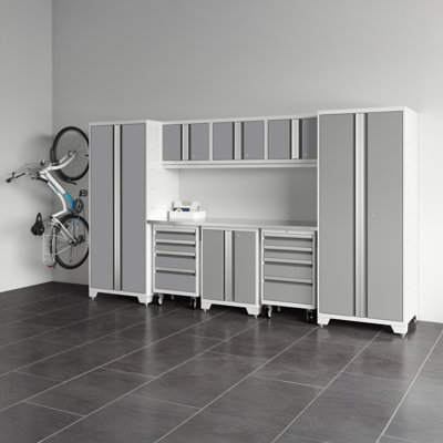 Bold XL Series Platinum 9 Piece Garage Cabinets Set With Tool, Base, Wall Cabinets, Stainless Steel Worktop And 30 In. Lockers