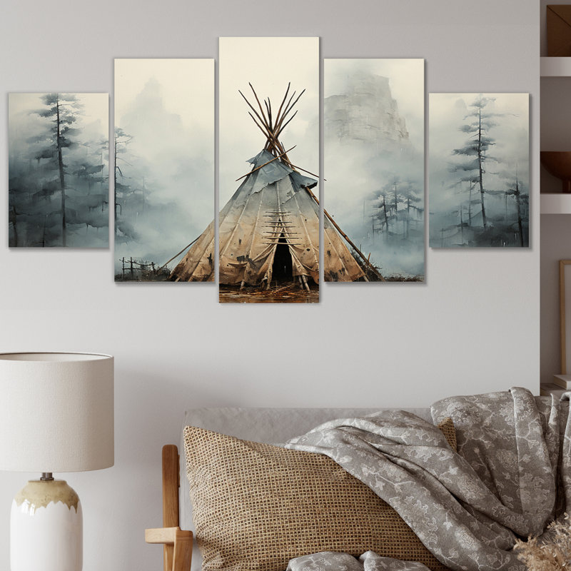 Tipi gris gris chuchotement de l'esprit - Art mural sur toile amérindien - 5 panneaux