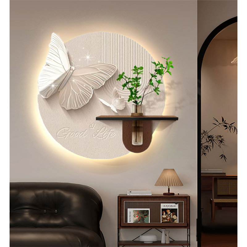 Décoration murale moderne ronde à DEL avec décor de plante artificielle, H 31,5 po x l 29,13 po x P 0,79 po