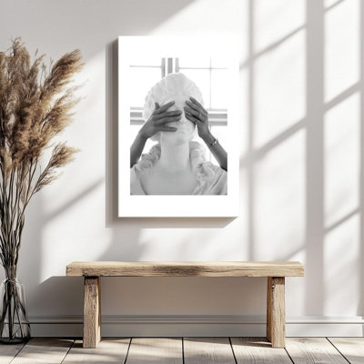 Plat en 2 dimensions, art mural sur toile encadré 1pc, sculpture classique, geste de couvrir les yeux, impression d'art de style néoclassique, impression sur toile, décoration murale, cadeau idéal pour chambre à coucher, vestibule, prêt à accrocher