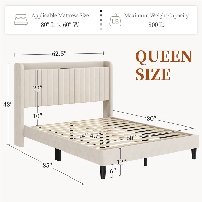 Upholstered Bed Frame with Charging Outlets and USB Ports, Beige, Queen