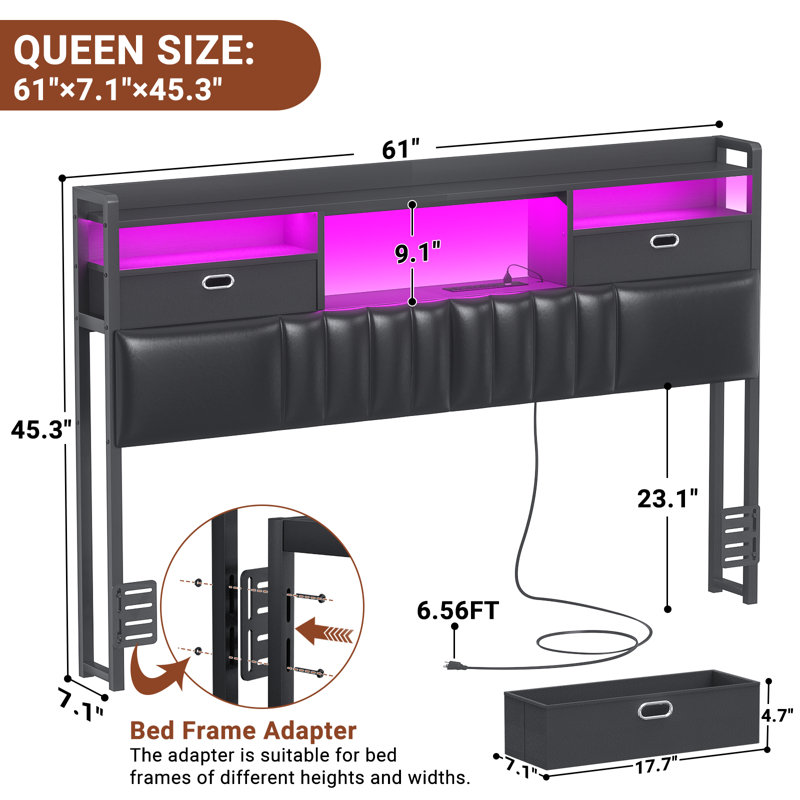 45.3'' H Storage Headboards With  Darwers,Outlets,USB Ports And LED Lights, Black, Queen