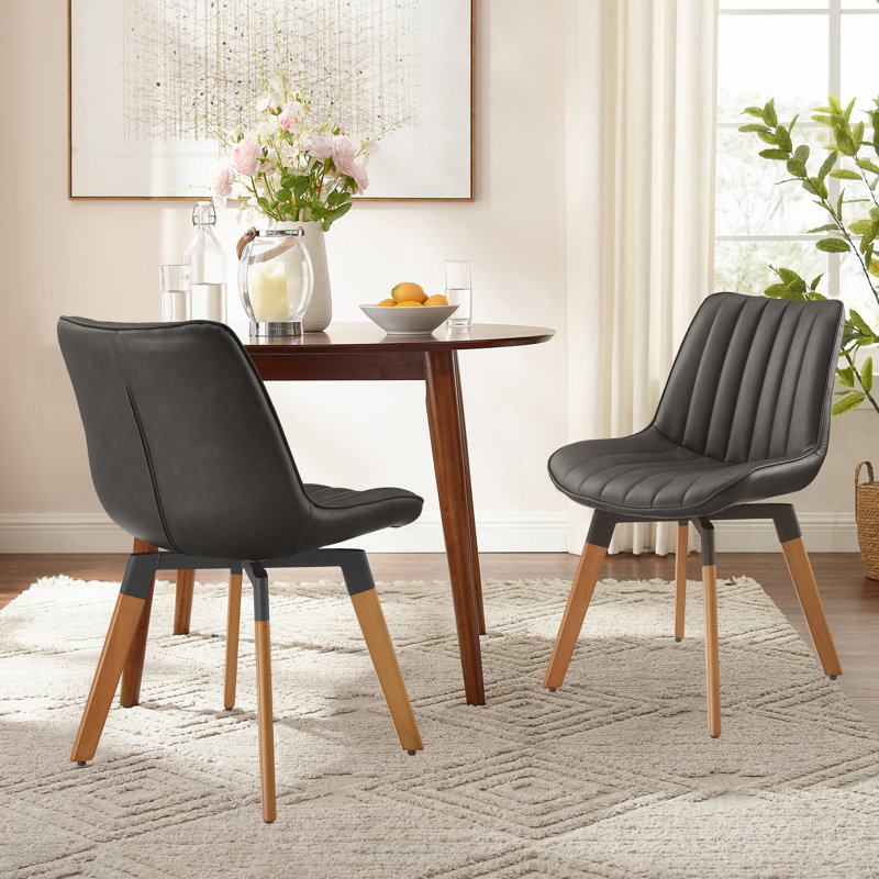 Bishaan Tufted Faux Leather Upholstered Swivel Kitchen Dining Side Chairs, Dark Gray