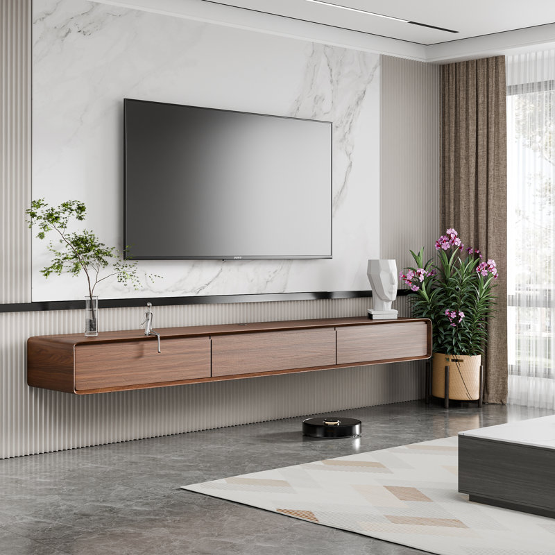 Fully Assembled 80" Handmade Floating TV Stand，Modern Wall-mounted Media Center with Flip-up Storage，Soft-close Doors，Solid Walnut Wood Veneer Finish