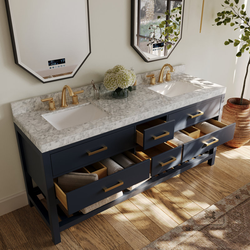 Carrie 72'' Double Bathroom Vanity with Carrara Marble Top, Heritage Blue | Brushed Gold