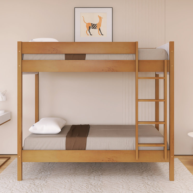 Wood Frame Twin Over Twin Size Bunk Bed With Boucle Upholstered Headboard And Footboard
