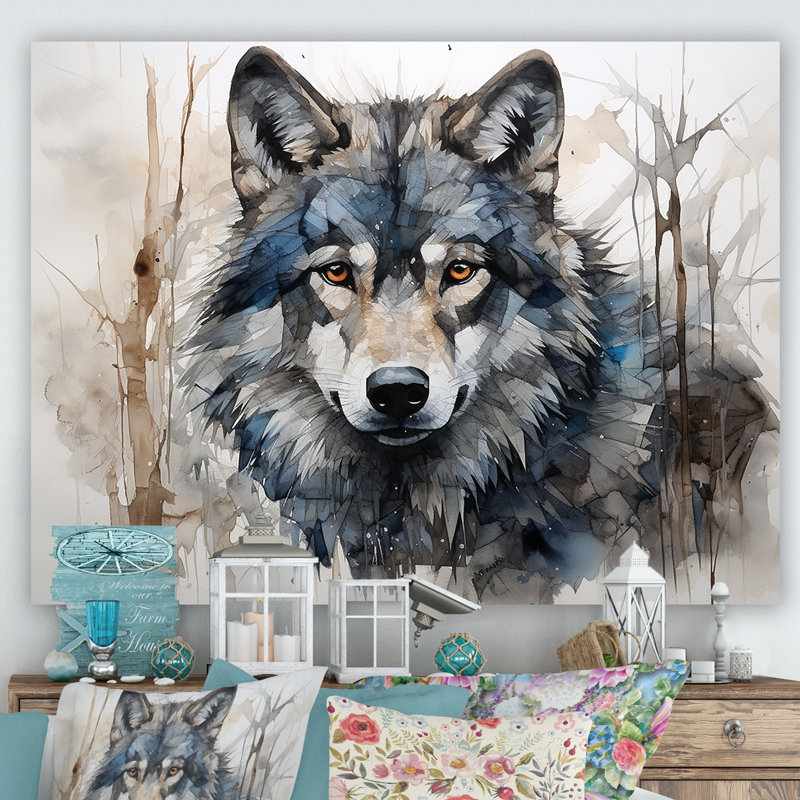 Minimalisme bleu et gris, expression du loup sur toile - loup, Toile tendue, H 34 po x l 44 po x P 1,5 po