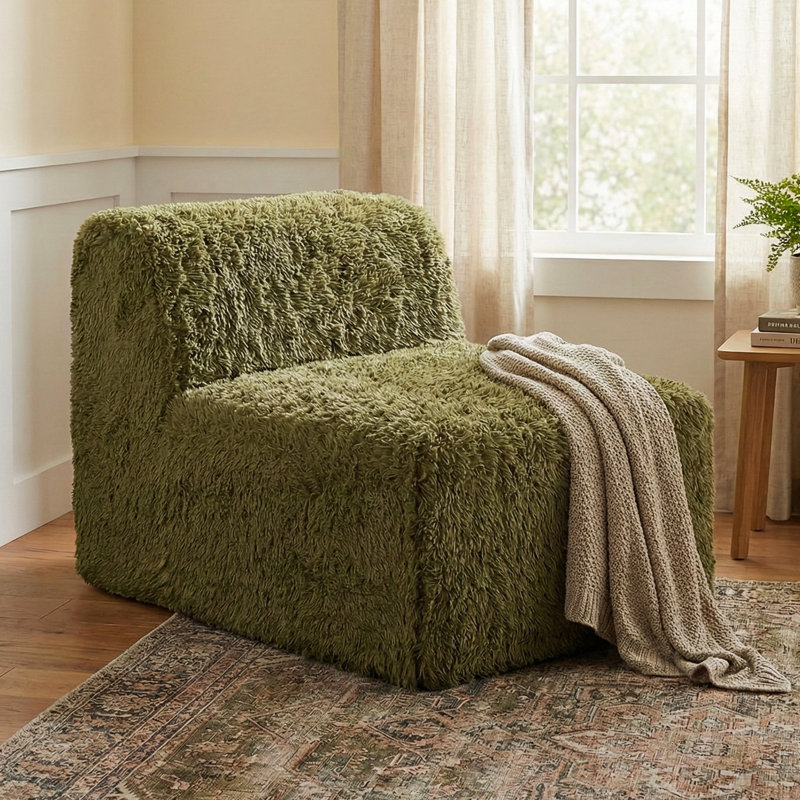 Chaise sans accoudoirs modulaire en mousse et en fausse fourrure Cathryn, Vert