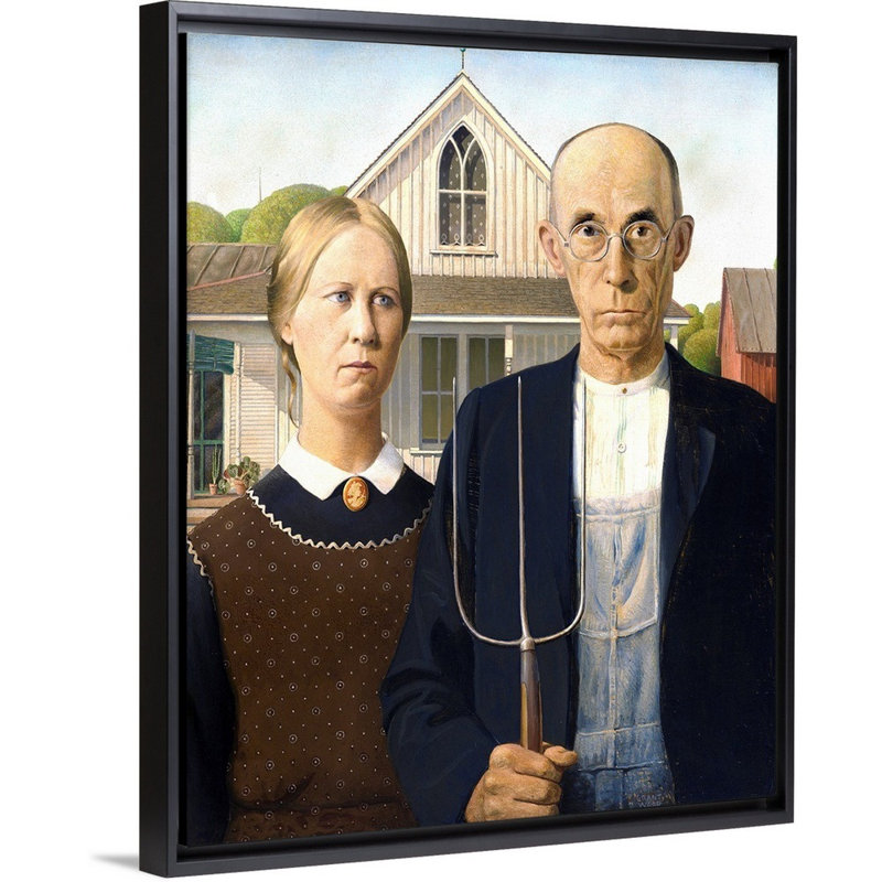 «American Gothic» par Grant Wood - impression, H 32 po x l 26 po x P 1,75 po, Cadre flottant noir