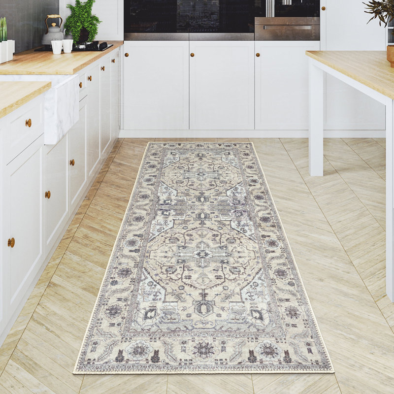 GLN Rugs Traditional Collection - Machine Washable Area Rug, Bohemian Vintage Washable Rug, Non Slip Area Rug, Low Pile Chenille Living Room Rug, Bedroom Rug, Bathroom Rug (Beige and Gray Rug)