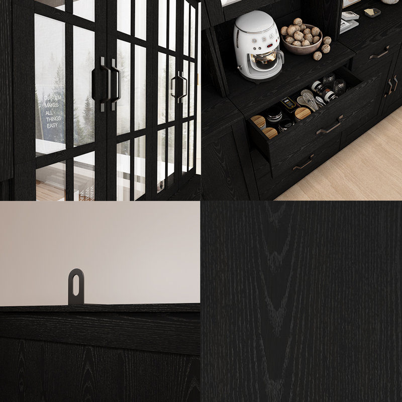71" H X 78.8" W Bookcase Cabinet With Glass Doors And Large Storage Drawers(2C+E), Black