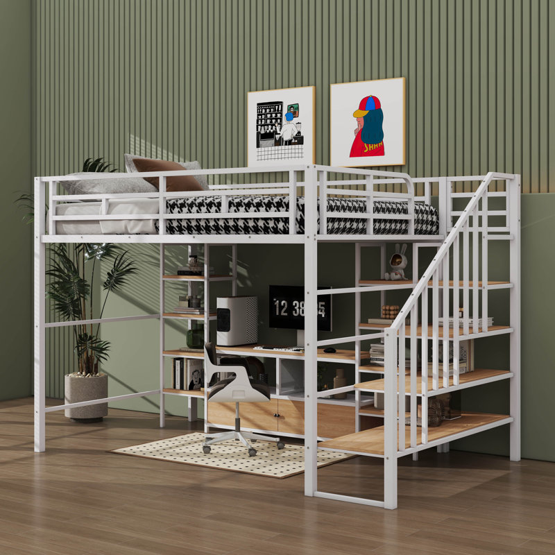 Lit mezzanine spacieux en métal pleine grandeur avec bureau intégré et étagères, Blanc