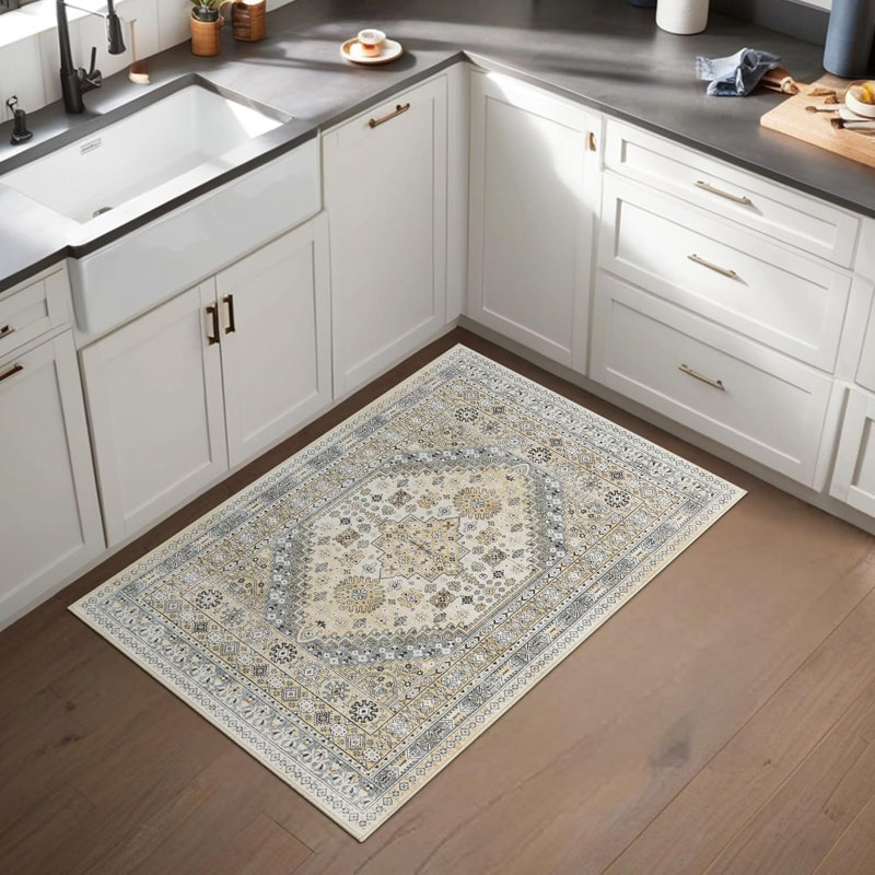 Medallion Non Slip Washable Rug(Beige), Rectangle 2' x 3'
