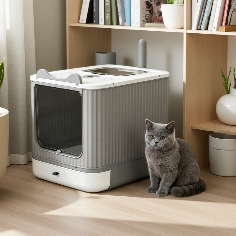 Bac à litière avec bac coulissant, bac à litière fermé, pour petits et moyens chats, Gris / Blanc