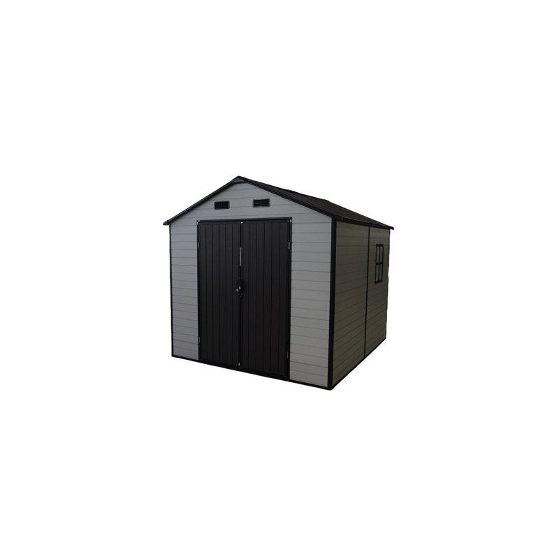 Remise de rangement en résine de 8 pi x 8 pi avec fenêtres, structure en aluminium et plancher robuste, idéale pour les décorations saisonnières outils de jardin, cadre et cour arrière de 8 pi x 8 pi x 7,6 pi brun antique et blanc
