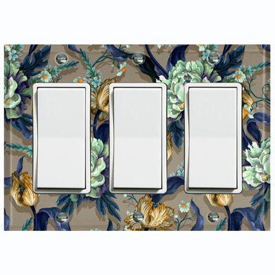 Flower Colorful Paint Print 3 - Gang Toggle Light Switch Standard Wall Plate