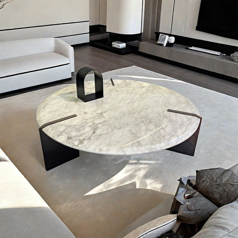 Modern simple round marble coffee table, White/Gray, 11.8" H x 47.2" L x 47.2" W