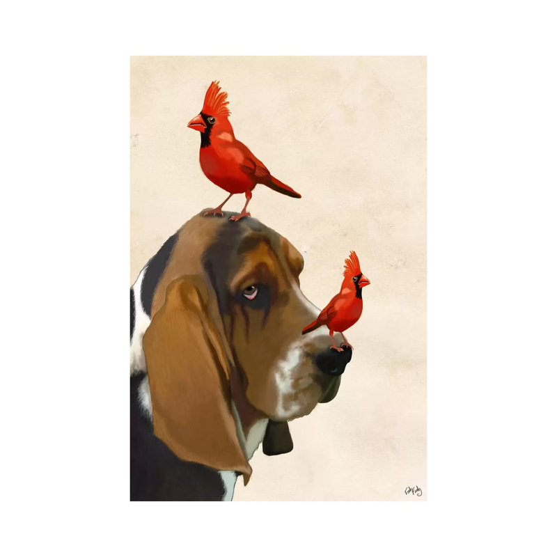 Basset Hound & Birds by Fab Funky - Wrapped Canvas Painting, 20.32 cm H x 30.48 cm W