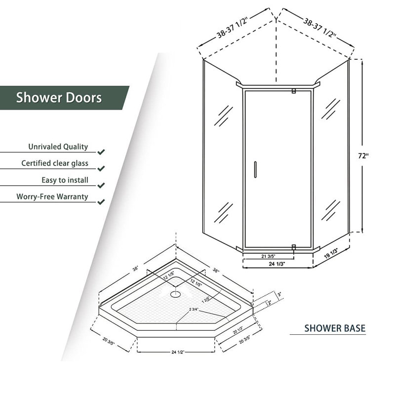 Neo-angle shower enclosure with base 36.5" x 36.5" D x 72" H, Chrome