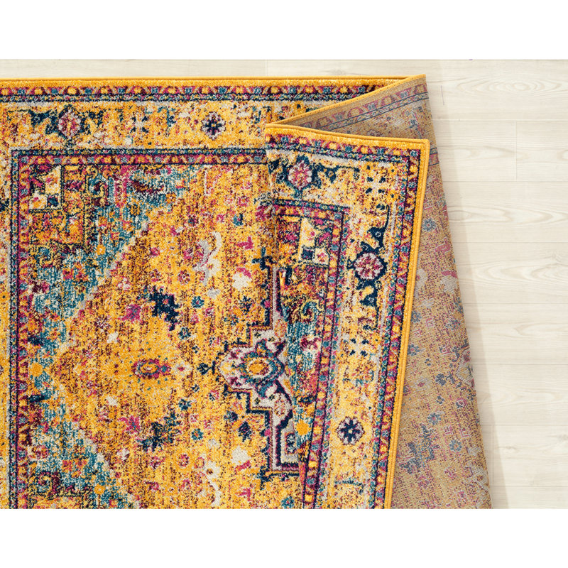 Tapis oriental orange / bleu / jaune, Tapis de couloir 2 pi 7 po x 7 pi 2 po