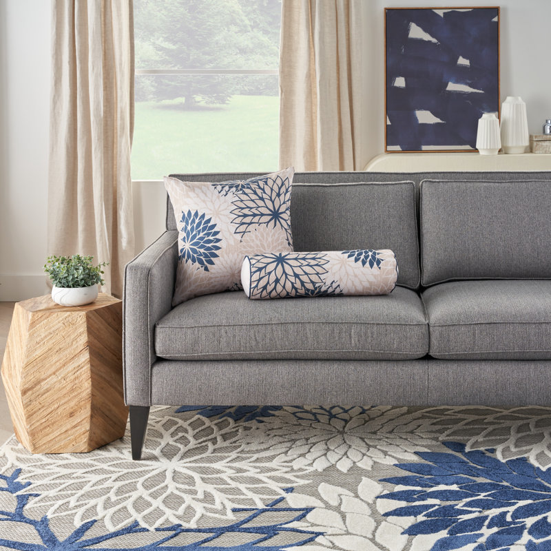 Ivory and Navy Floral Square Outdoor Throw Pillow