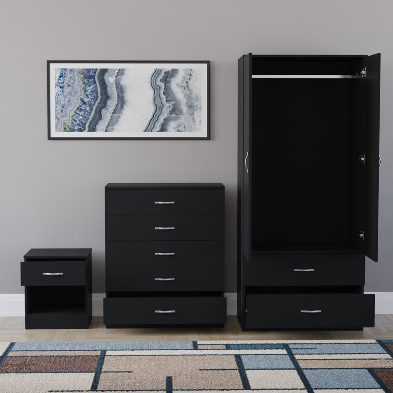 Maybery 3 Piece Bedroom Set (1 Drawer Bedside Chest, 5 Drawer Chest, 2 Door 2 Drawer Wardrobe), (4), Black