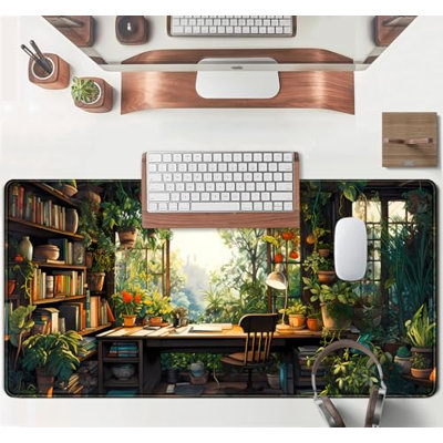Tapis de bureau vert pour les amoureux des plantes vertes, tapis de bureau Kawaii XXL grand tapis de souris Lofi étendu, tapis de souris animé pour ordinateur de bureau, grand clavier d'ordinateur et tapis de souris pour les femmes, décoration de bureau de 11,8 po x 27,6 po