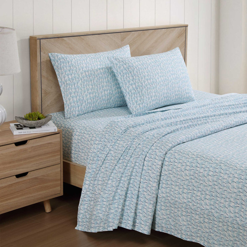 King Blue Cotton Percale Palm Print Sheet Set