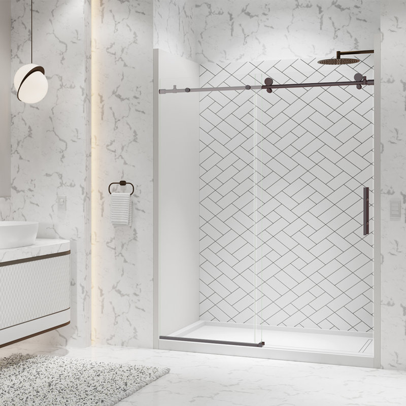 Porte de douche coulissante sans cadre en bronze huilé avec verre transparent de 3/8 po (10 mm) de largeur l 48 po x H 74 po Eclipse