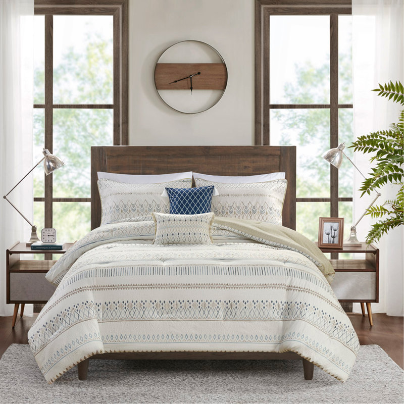 Ensemble d'édredon 5 pièces avec coussins décoratifs en tissu gaufré taupe / bleu / grand 5 pièces