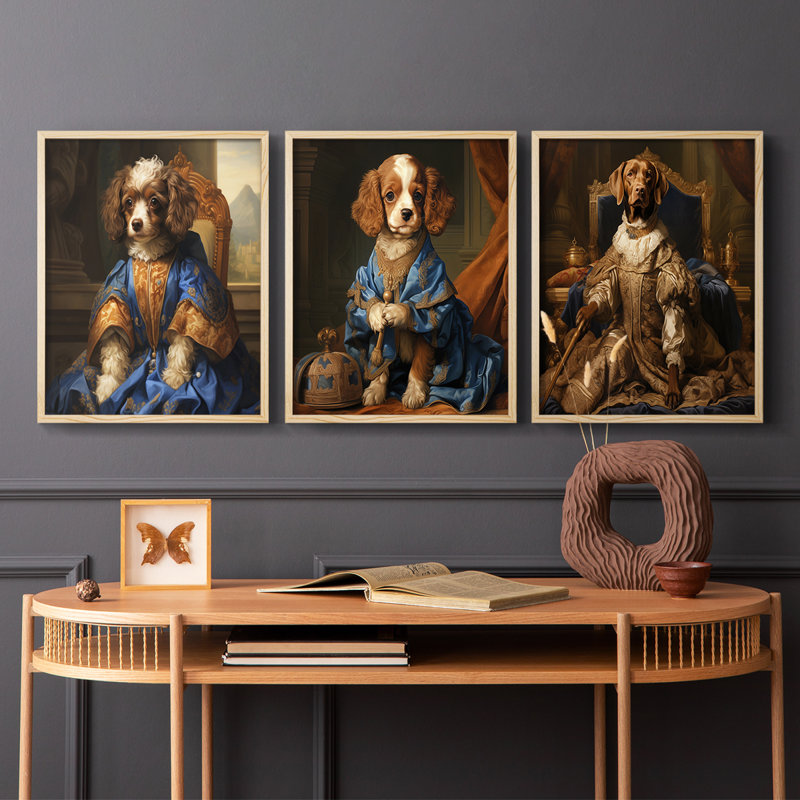 Série royale d'animaux LIX - ensemble de 3 estampes numériques encadrées - prêt à être accroché, Encadré naturel