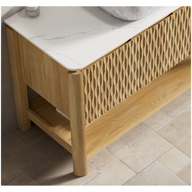 SHARMA 48'' Freestanding Cabinet with 3 Doors&Open Shelf, Carrara White Sintered Stone Top, NO Basin, NO Faucet and Drain, Woodgrain Color