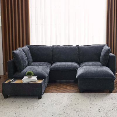 90" U-Shaped Sectional Sofa Modular Sofa Couch With A Movable Ottoman , A Coffee Table With Hidden Charging Devices For Living Room, Blue