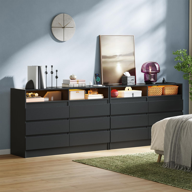 6 Drawer Dresser with Charging Station & LED Lights, Modern Chest with Power Outlets for Bedroom, Black