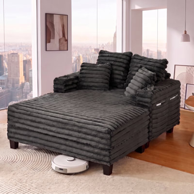 Chaise Lounge Chair Indoor,  64" Oversized Sleeper Chair With Wood Frame, Upholstered Sofa Bed For Living Room, Movie Room, Bedroom With 4 Storage Pockets& 2 Cup Holders(Plush Corduroy, Grey)