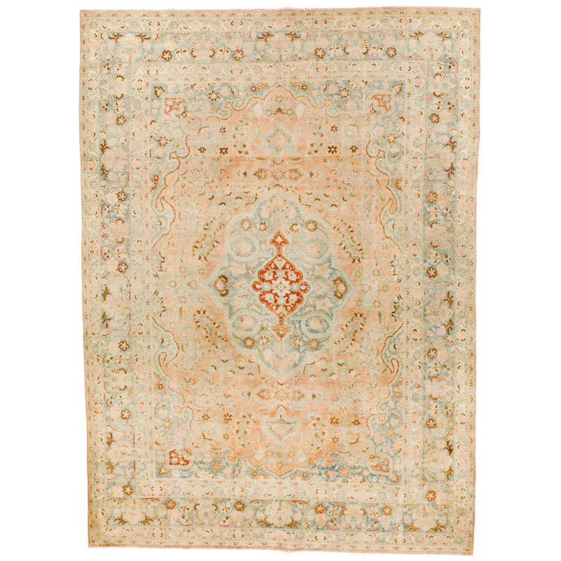 Tapis unique ivoire / bleu 8 pi 1 po x 11 pi 3 po années 1990