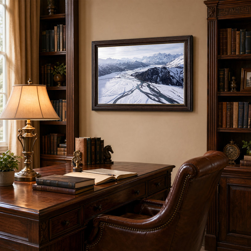 «Winding River Through Snowy Mountain Valley», art mural, 16"H x 24"W
