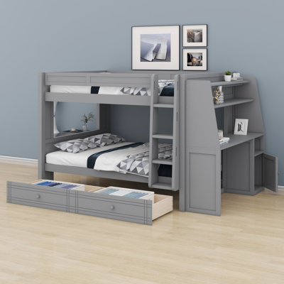 Modern Bunk Bed with Desk, Storage Shelves and Drawers