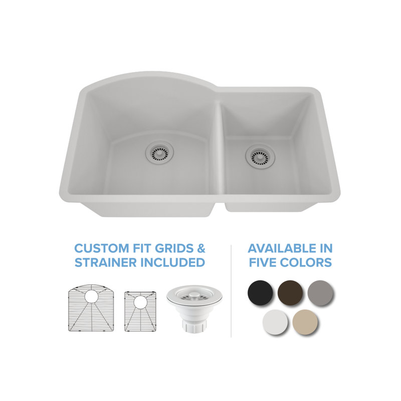 32" x 20" Platinum Quartz Kitchen Sink, 70/30 Double Bowl Sink, Drop-in Sink, Undermount Sink, Granite Kitchen Sink, White