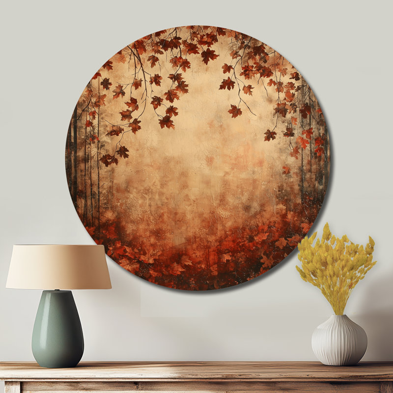 «Red Falling Oak Leaves I», art mural métallique rouge traditionnel, feuilles rondes, H 16 po x l 16 po
