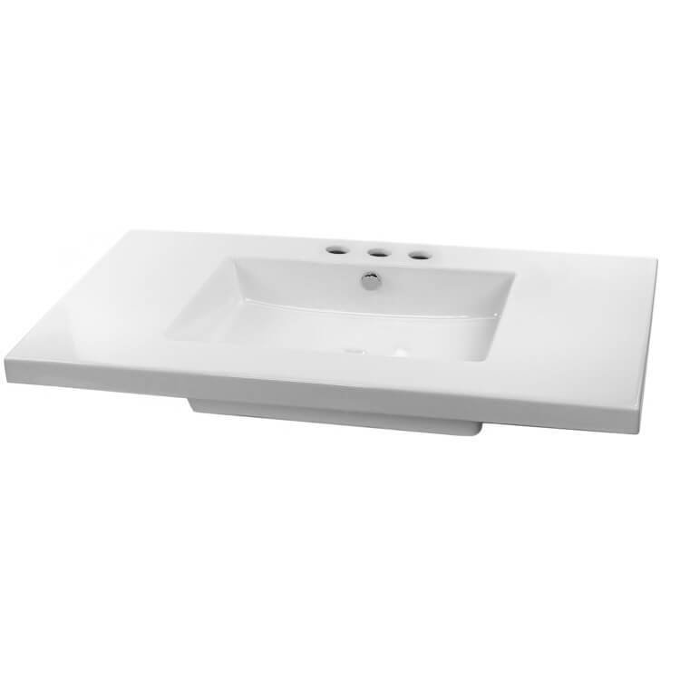 Lavabo de salle de bain mural rectangulaire en céramique avec trop-plein Mars, Entraxe de 8 po
