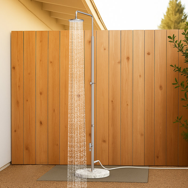 Douche d'extérieur en marbre naturel KES avec base lestée, pomme de douche de pluie autoportante et rince-pieds, adaptateur de tuyau en laiton 3/4 po, sangle anti-basculement et piquet de sol, acier inoxydable 18/8