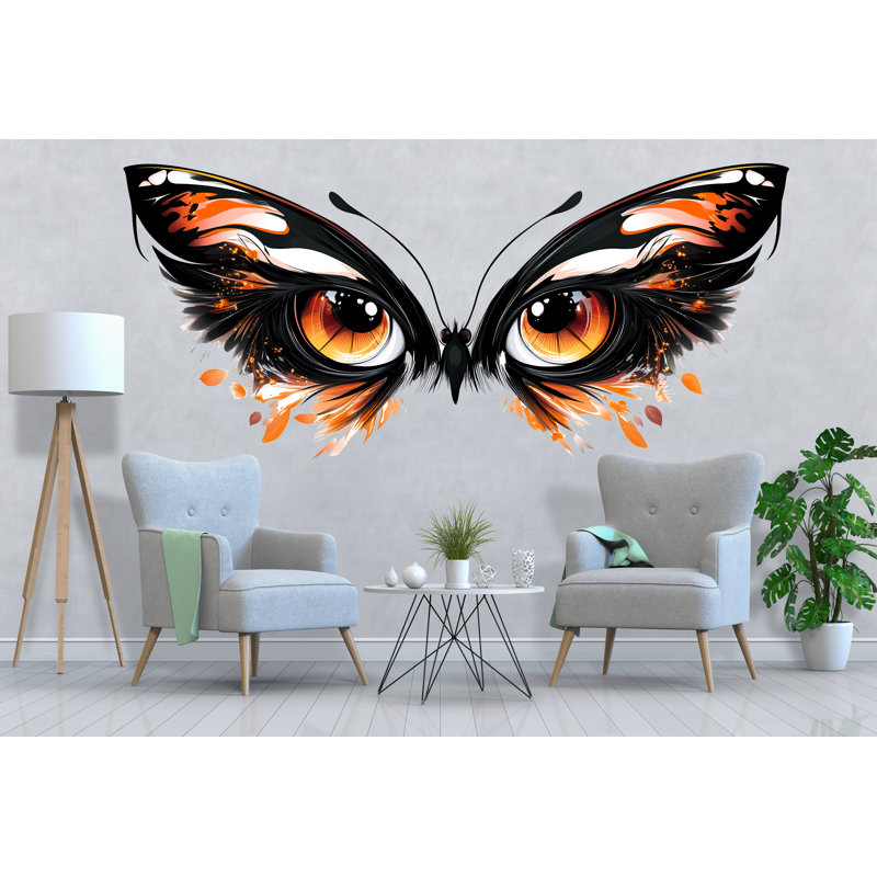 Adhésif décoratif orange avec yeux papillon orange, abstrait mural, salon moderne, 094Gm, H 13 po x l 24 po
