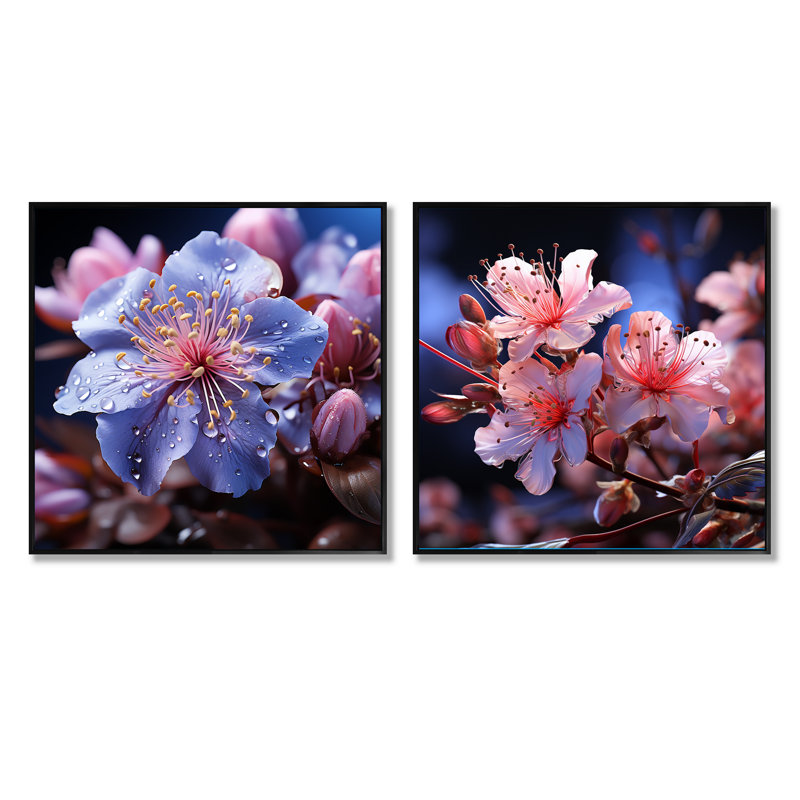 Lavande Rhododendron Elegant Beauty - Ensemble de 2 collages rhododendrons carrés, Cadre flottant noir, H 30 po x l 61 po